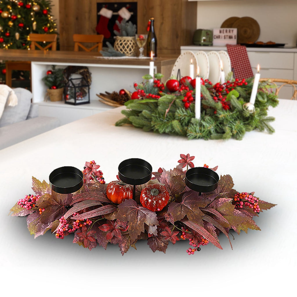 DAMAI Fall Centerpiece Table Decorations, 23.6'' L Assorted Artificial Pumpkins,Berries, Maple Leaves with 3 Candle Holders,Autumn Table Centerpiece for Harvest Party Thanksgiving Halloween