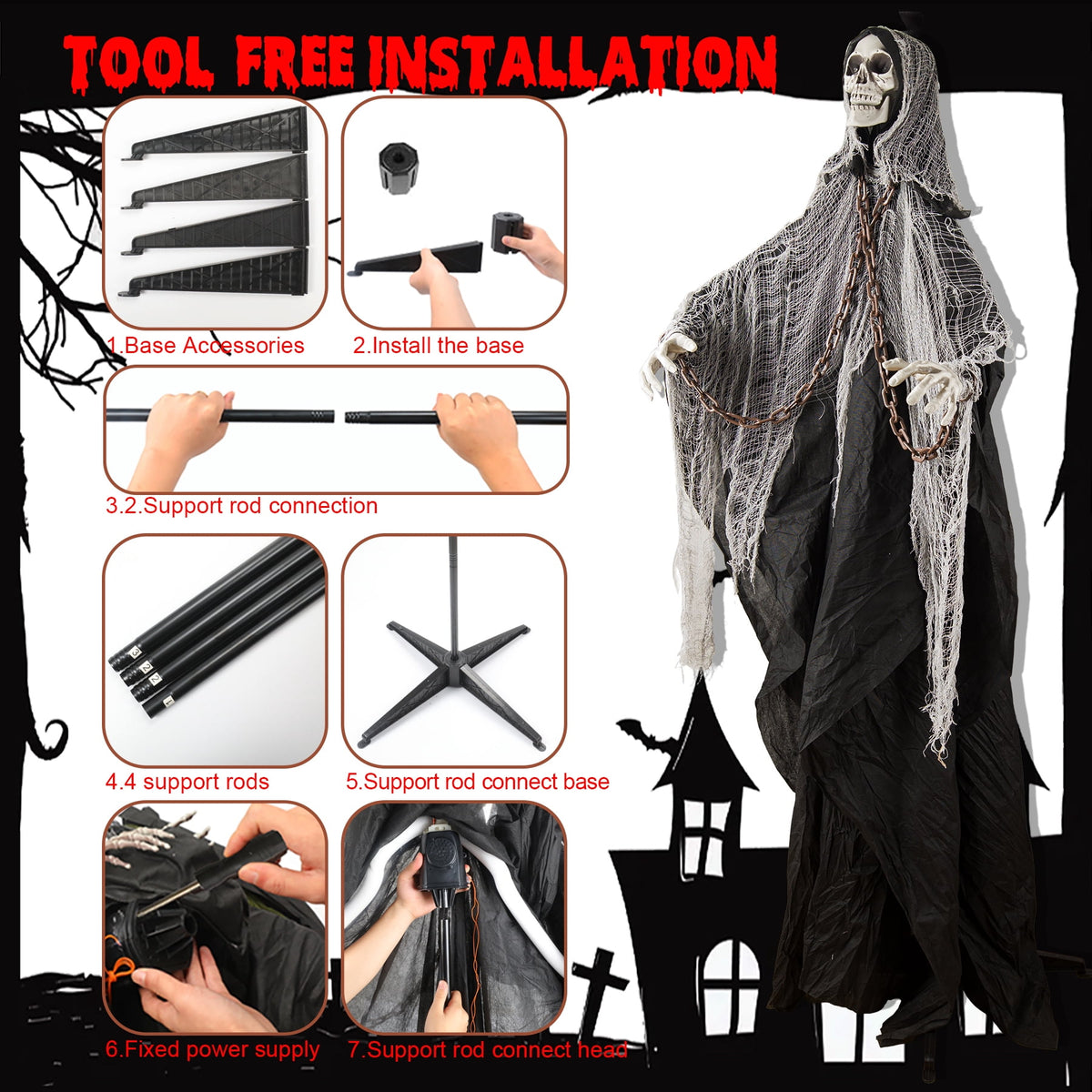 Magotan 6ft Halloween Outdoor Skeleton Ghost Decorations, Sound Controlled Swinging Scary Skeleton Ghost Halloween Decoration for Outdoor Garden Porch Yard Decor,Red