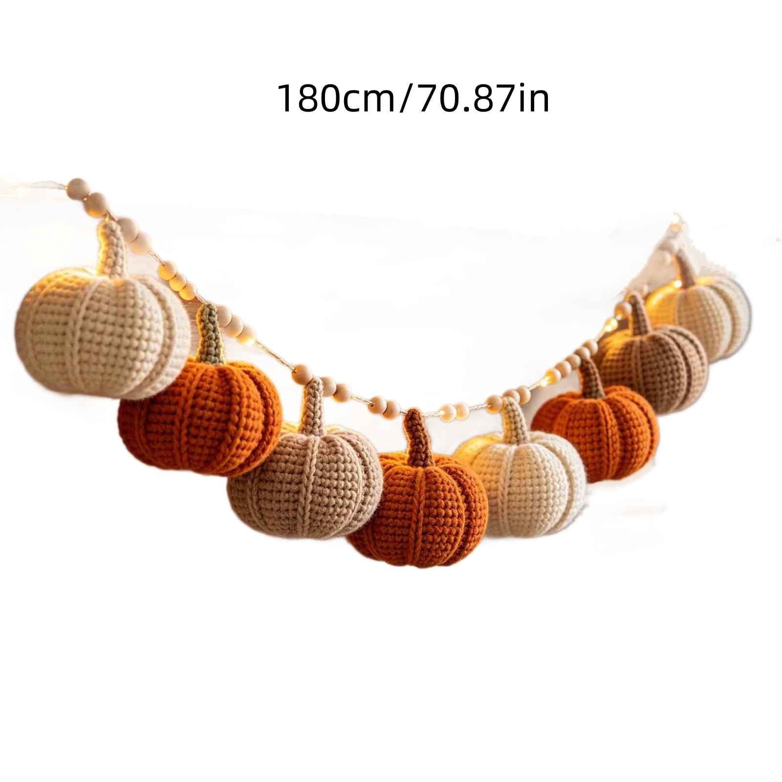 Clearance Fall Knit Pumpkin String Light Wreath, Hand Crochet Multicolor Garland With Wooden Beads, Cozy Odor-Free Cotton Yarn Fall, Thanksgiving and Halloween Decor