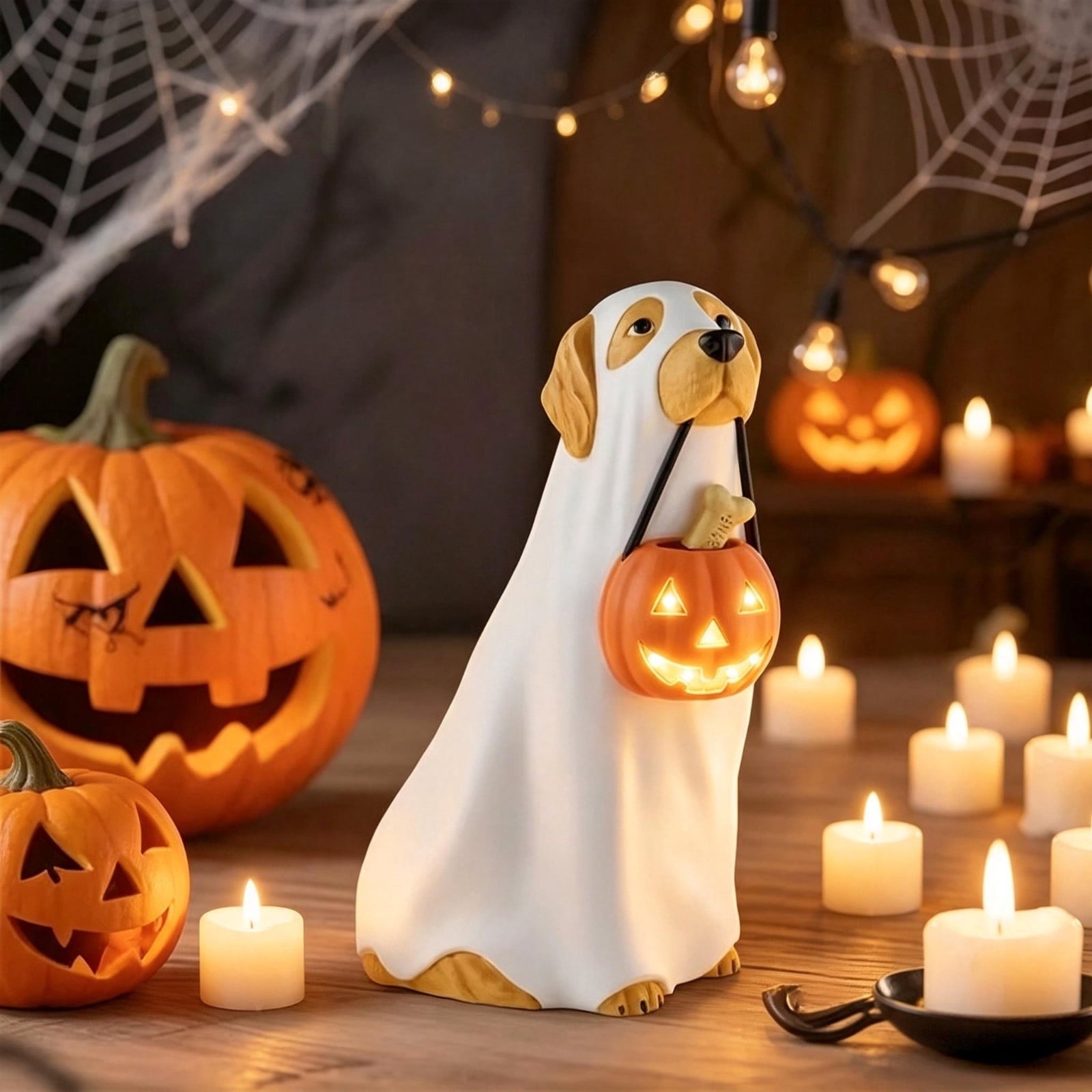 Large‑Size Resin Ghost Dog Blow Mold LED Lit Ornament, Detailed Light‑Up Dog Statue, Eye‑Catching Tabletop Decor For Indoor Halloween Home Styling