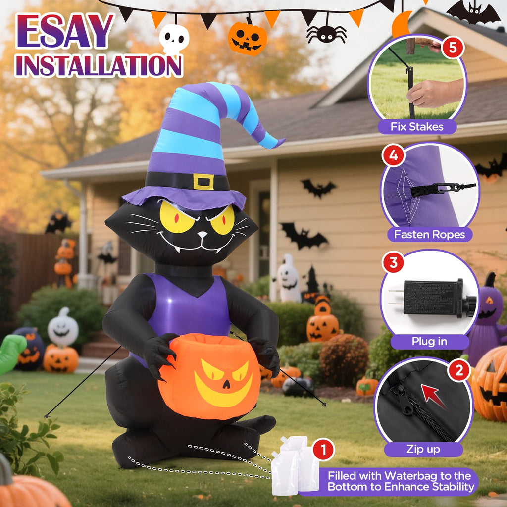 Toiyjofe 6ft Halloween Inflatable Black Cat with Glowing Jack o' Lantern and Witch Hat, Outdoor LED Trick-or-Treat Decoration for Yard, Lawn & Porch