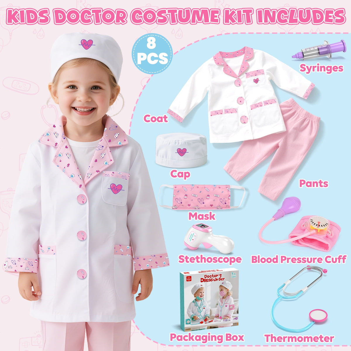 Doctor Costume for Kids Doctor Coat, Doctor Dress Up and Play Set 8 PCS with Real Stethoscope, Lab Coat Career Day Costume Kit for Toddlers Girls 3-12 - Pink