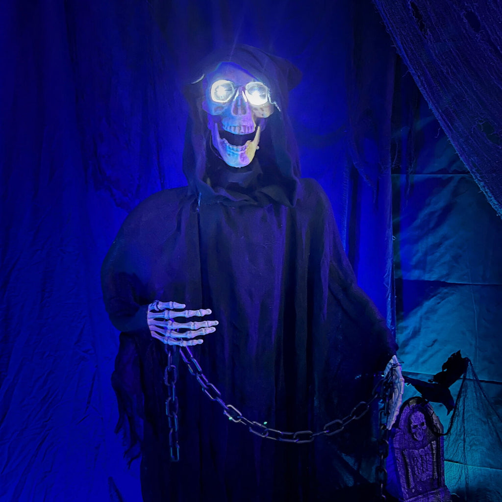 Haunted Hill Farm 5 ft Life-Size Animated Grim Reaper Prop w/ Chain and Rotating Head for Indoor or Outdoor Halloween Decoration, Battery-Operated
