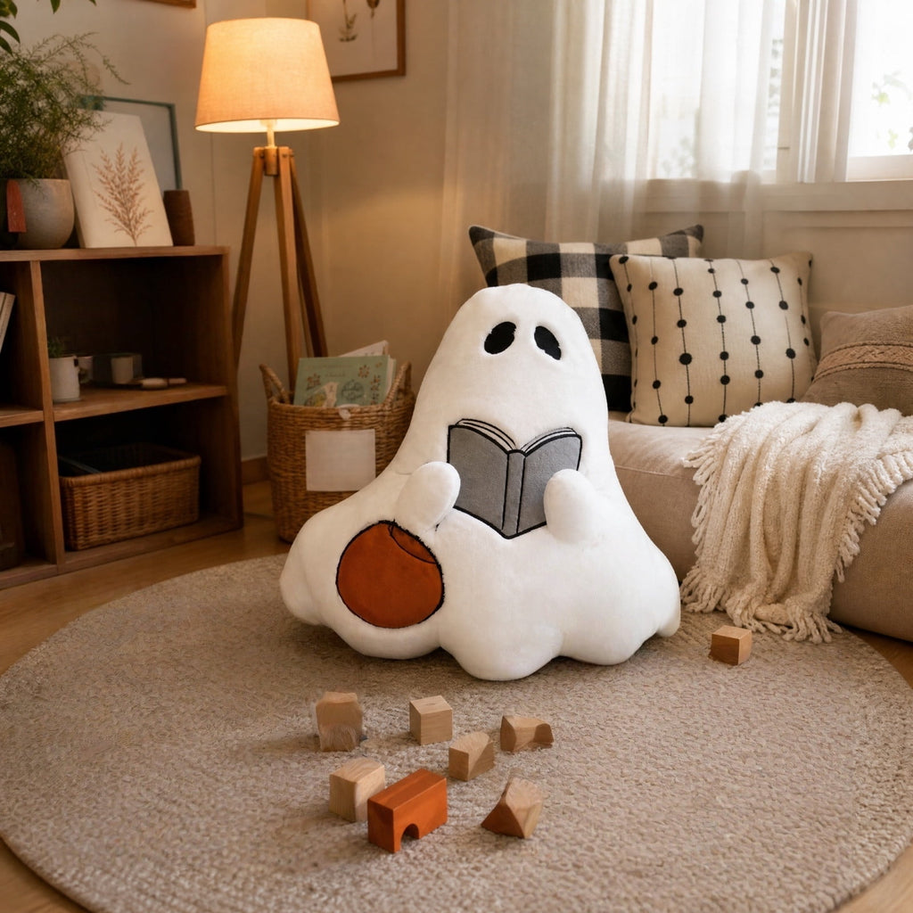 Halloween Ghost Reading Book Throw Pillow Cover, Spooky Library Bookshelf Skull Candlestick Decorative Pillowcase, Retro Halloween Cushion Cover