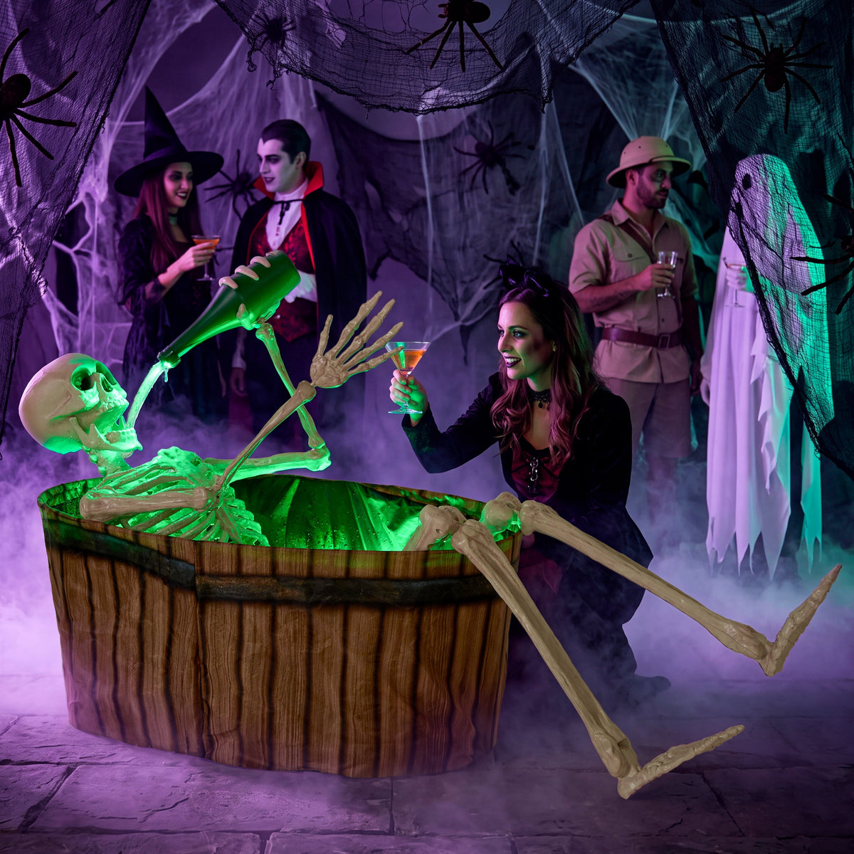 Joyfy 5ft Drinking Skeleton Halloween Animatronic Decorations, Outdoor Haunted Props with Endless Liquid Pouring Effect, Green LED Lights & Spooky Sounds, Life-Size Skeleton for Garden Yard Lawn