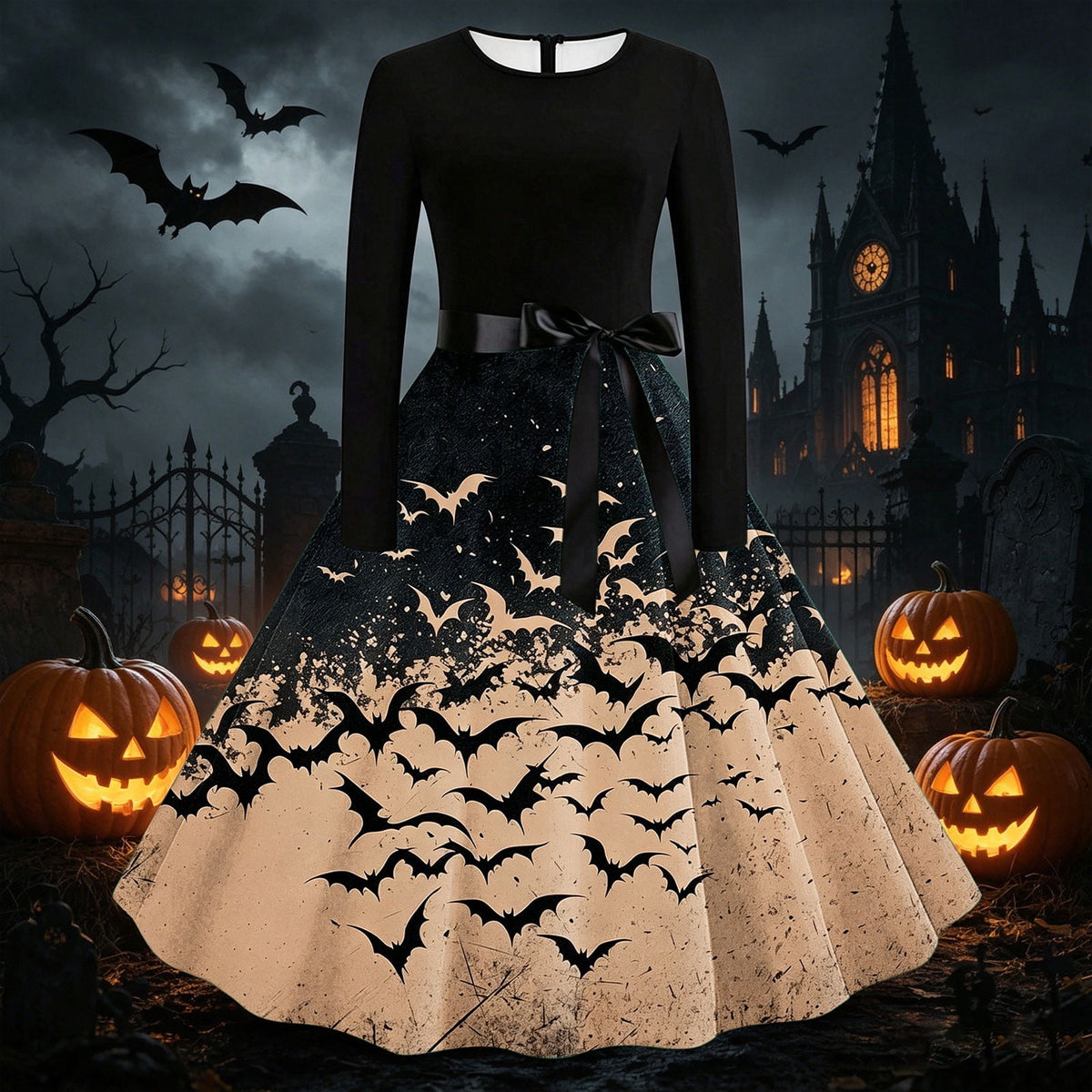 Women's Vintage Halloween Bat Print Swing Dress Long Sleeve 1950s Retro A-Line Midi Dresses with Satin Sash Belt for Gothic Cosplay Evening Prom Party