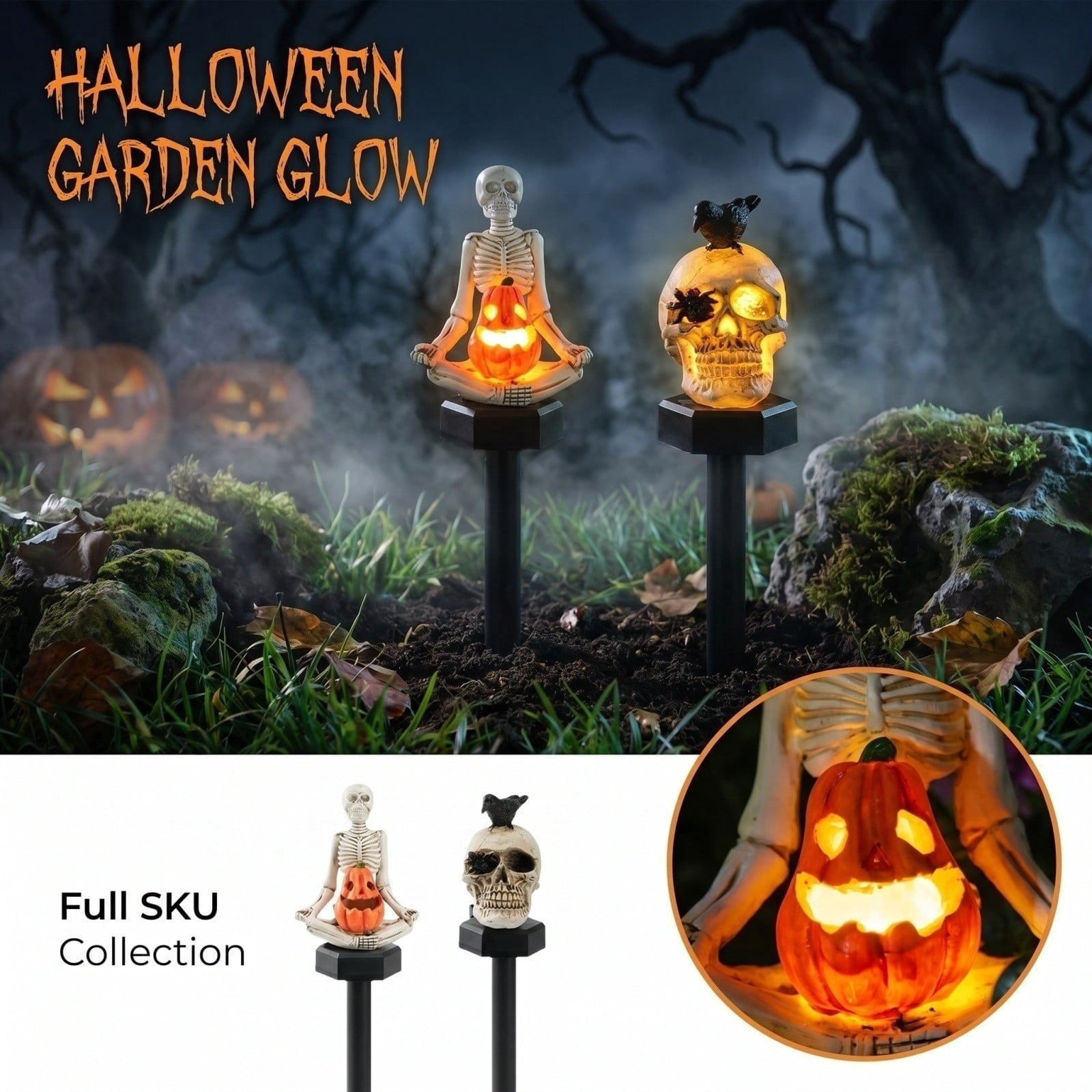 Halloween Skull Solar Garden Stake Light, Resin Skull Solar Outdoor Light for Yard and Garden, Spooky Decorative Stake Lighting for Halloween Courtyard and Lawn Decor 15.35*2.36Inch,1PC