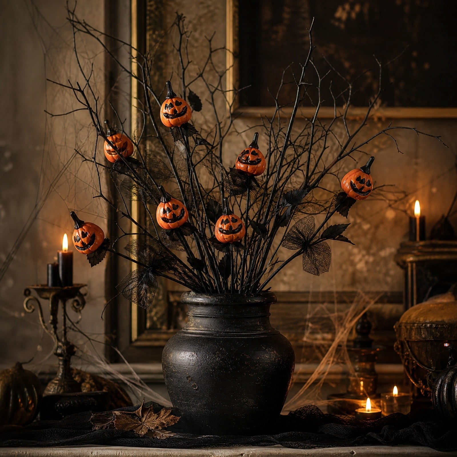 1Pc Halloween Mini Pumpkin Branches Artificial Black Twigs Vase Fillers for Table Mantel Centerpiece Creepy Gothic Scary House Decor