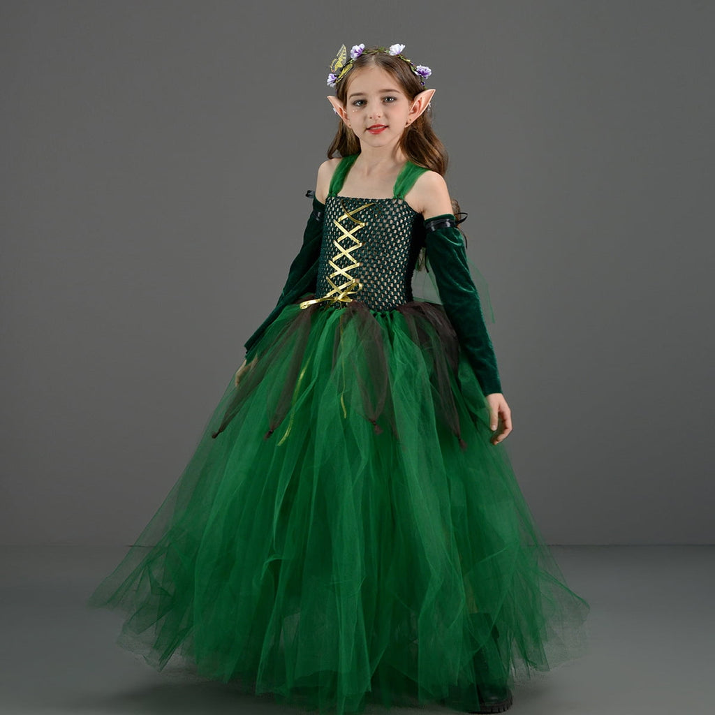 Girls Halloween Forest Elf Fairy Costume Green Sleeveless Tulle Tutu Dress+ Arm Sleeves+ Elf Ears+ Garland