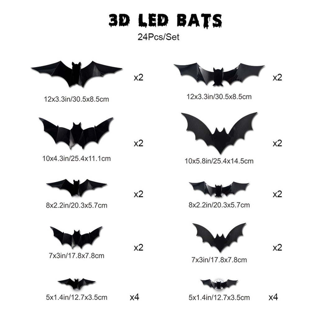 CQHVKQ 60 PCS Halloween Bats Decorations, Realistic 3D LED Bats Wall Stickers Decor, Assorted Size Removable Lighted PVC Bats DIY Wall Sticker for Halloween Party, Bedroom, Home, Indoor and Outdoor
