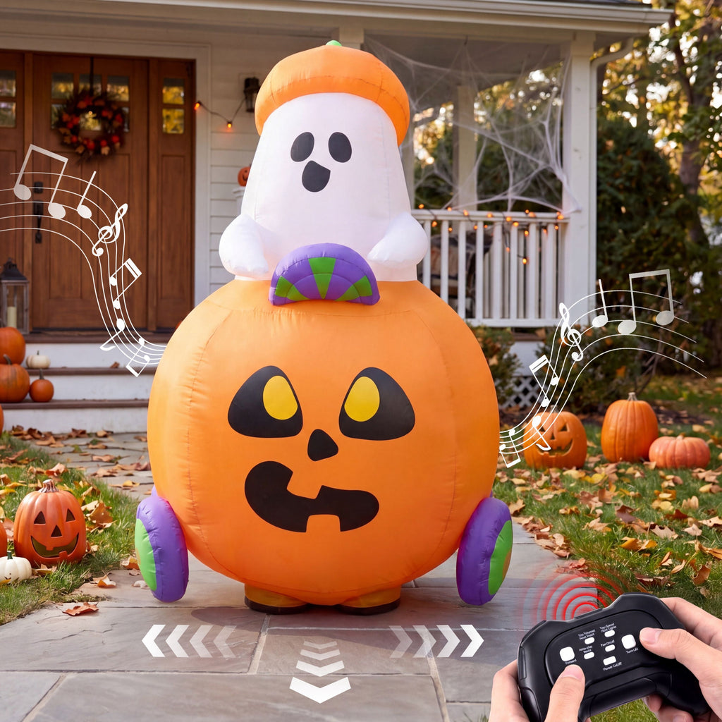 Joyfy 5ft Halloween Inflatables Light up Cute Ghost,Blow Up Ghost Lift Pumpkin Candy Bag with Build-in LEDs for Yard Decorations