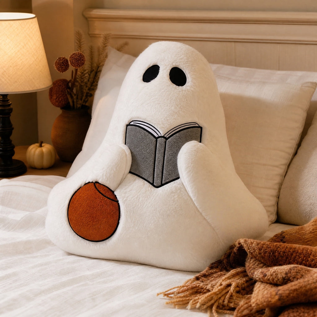 Halloween Ghost Reading Book Throw Pillow Cover, Spooky Library Bookshelf Skull Candlestick Decorative Pillowcase, Retro Halloween Cushion Cover