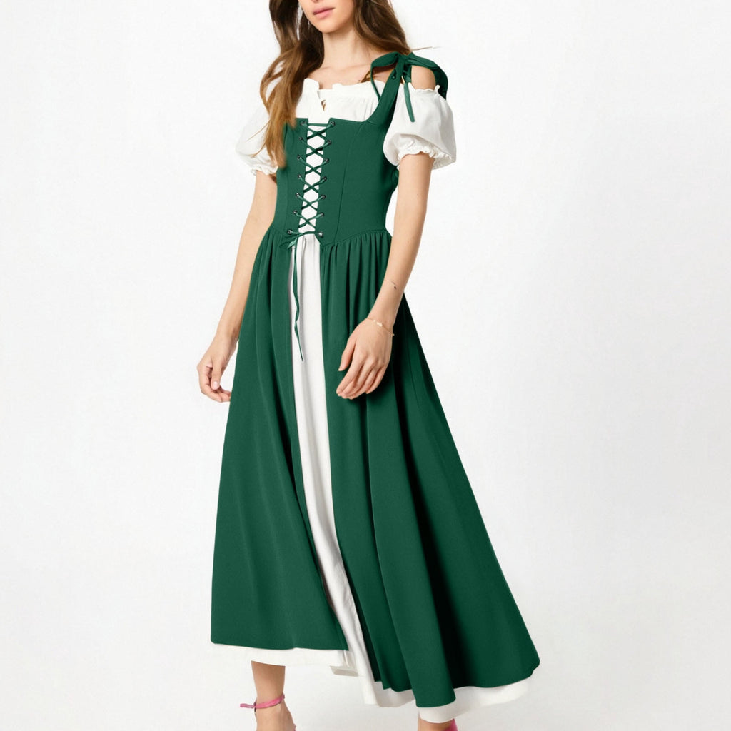 QATAINLAV Renaissance Costume Women Vintage Medieval Dress Cold Shoulder Short Sleeve Peasant Pirate Irish Maxi Dresses, Black, L