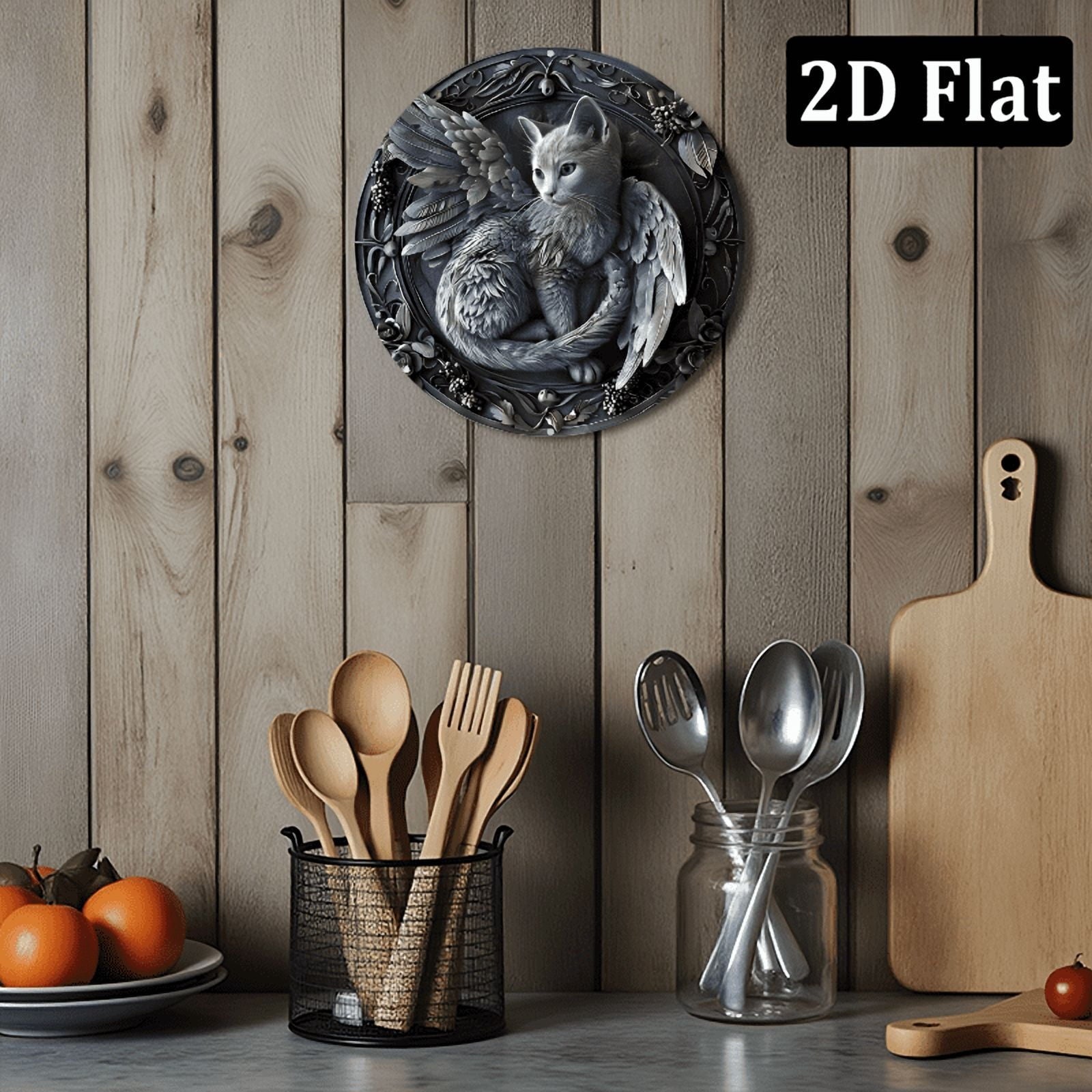 2D Flat, Vintage Angel Cat Round Aluminum Wall Art Sign 8*8 Inch, Detailed Gray Winged Cat Design with Feathers & Floral Patterns, Perfect for Home, Office, Bar, or Kitchen Decor, Unique Halloween