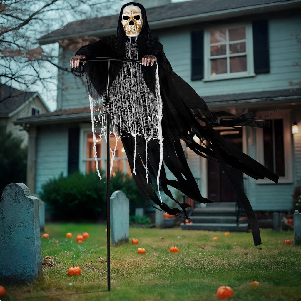 Joyfy 7.8 Ft(93.6 in) Halloween Grim Reaper Decorations Outdoor, Rotatable Flying Scream Scarecrow Skeleton Ghosts Decor for Graveyard Haunted House Props, Garden, Porch, Yard Lawn
