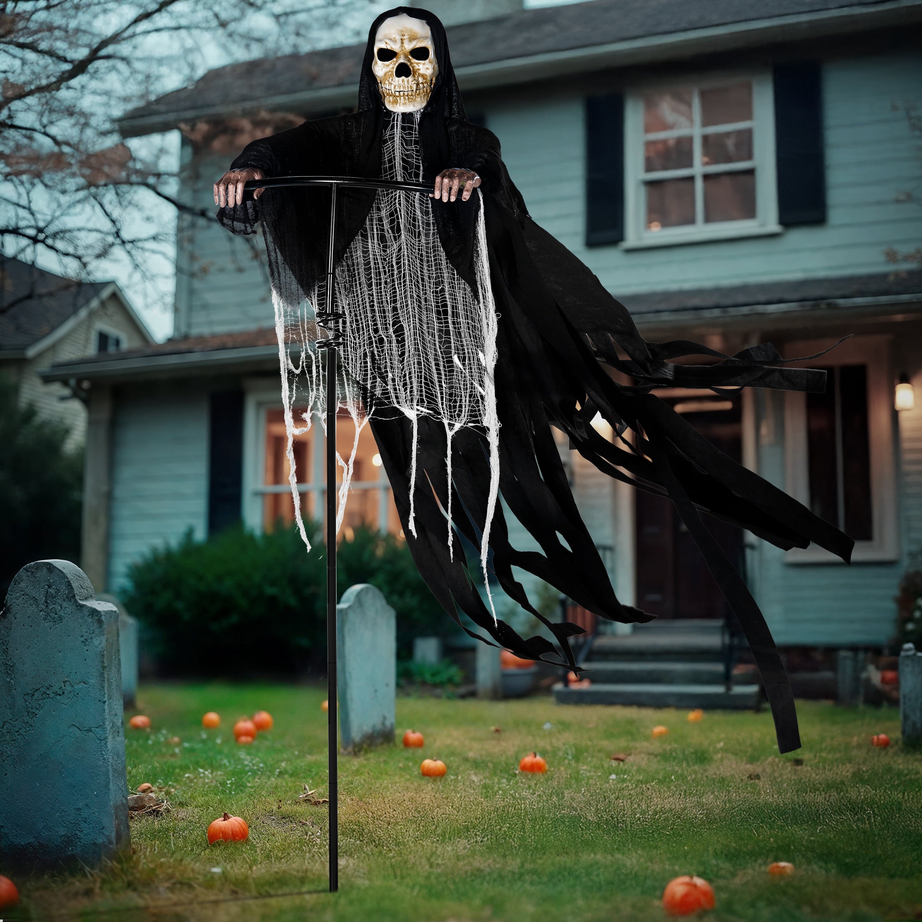 Joyfy 7.8 Ft(93.6 in) Halloween Grim Reaper Decorations Outdoor, Rotatable Flying Scream Scarecrow Skeleton Ghosts Decor for Graveyard Haunted House Props, Garden, Porch, Yard Lawn