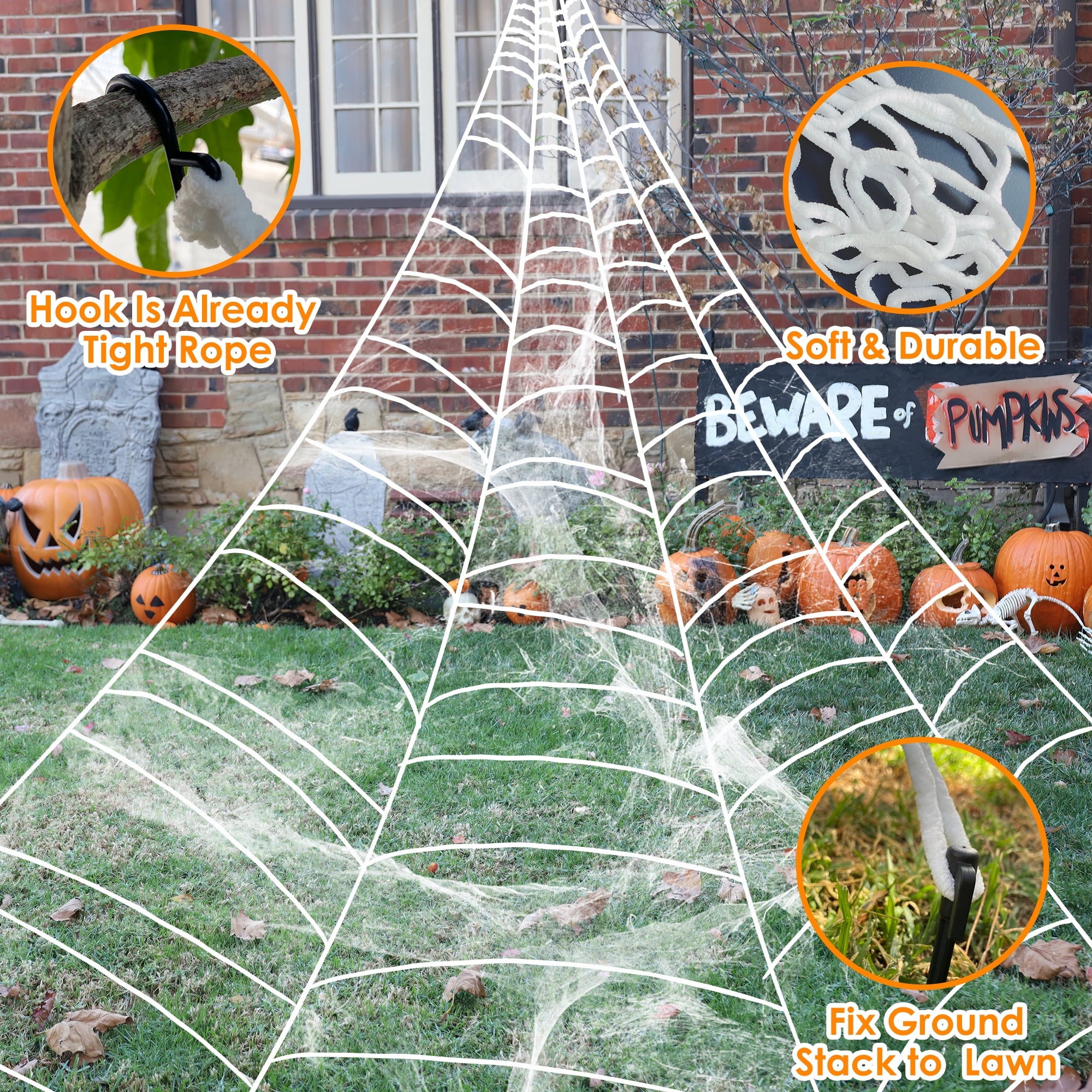 JEEXI Full Set of Halloween Decorations Outdoor 200'' Triangular Spider Web +3 Giant Fake Red Eyes Spiders, Halloween Décor Indoor for Home, Outside Yard Costumes Party Haunted House Garden Lawn