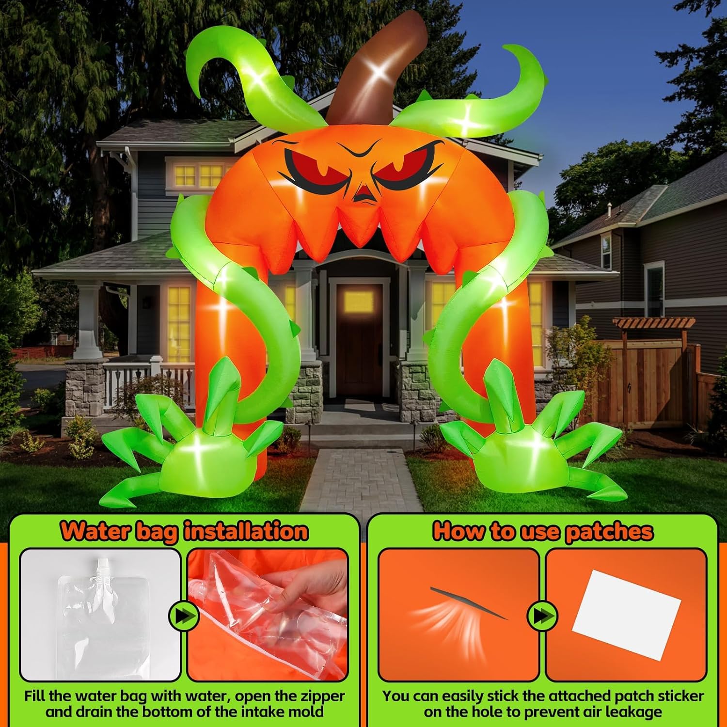 Kalolary 12FT Giant Halloween Pumpkin Arch Inflatable with LED Lights, Scary Blow-Up Decoration for Lawn, Garden, and Yard Holiday Party