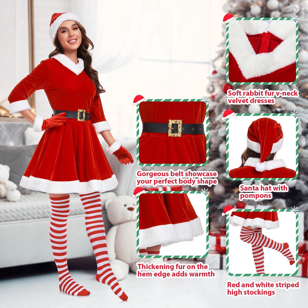 Women Christmas santa Set 5 Piece Sexy Santa Red Dress with Hat Belt Gloves and Socks