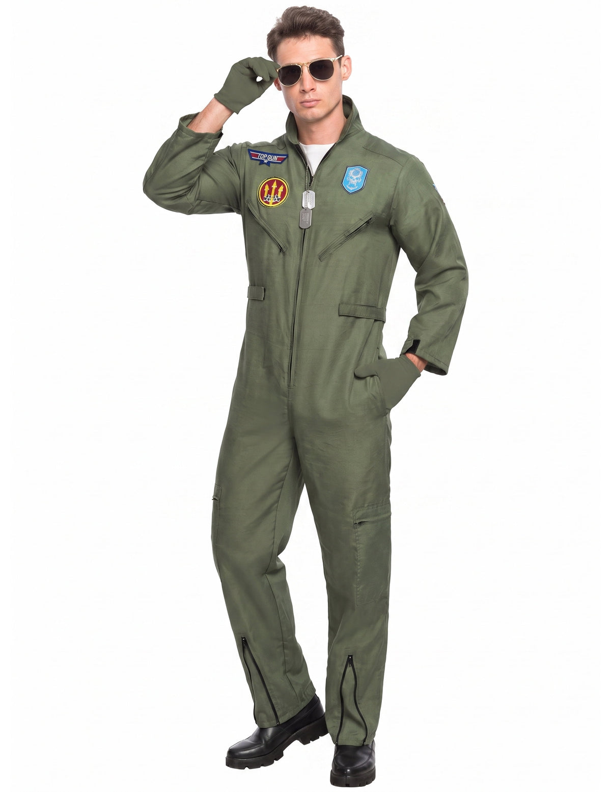 Joyfy Flight Pilot Costume for Adults Pilots Uniform Costume Movie Icon Green Jumpsuit for Men Halloween Party Fancy Dress up Cosplay