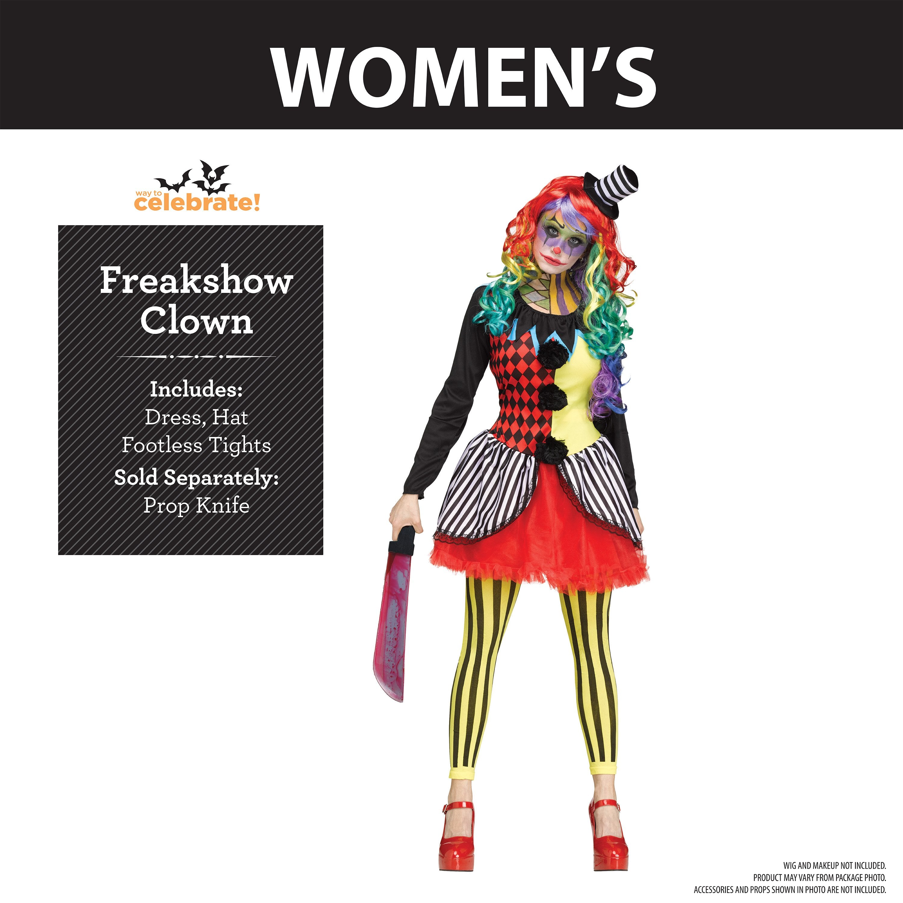 Freakshow Clown Halloween Costume for Adults, Women's Size L (12/14), by Way to Celebrate