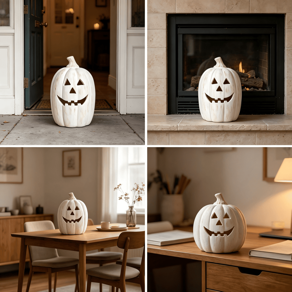 Fall Decor - Halloween Decorations - 5.9"H White Handmade Resin Pumpkin Jack O' Lantern with Flameless Candle - Outdoor Indoor Autumn Decoration for Table Centerpieces Porch Room Front Door