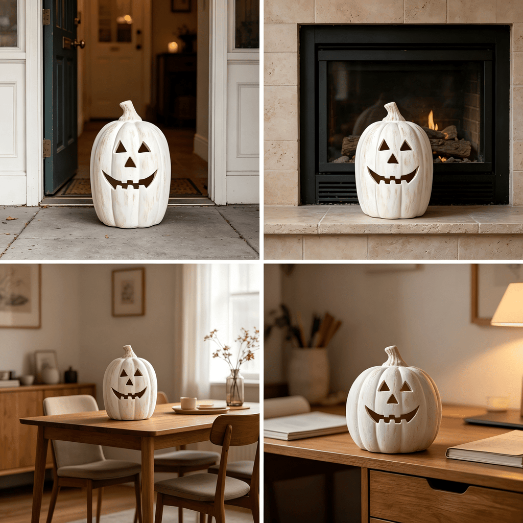Fall Decorations for Home - Halloween Decor Indoor - 7.87" H White Handmade Resin Pumpkin Jack O' Lantern with Flameless Candle - Outdoor Decoration for Front Door Porch Mantel Kitchen Living Room
