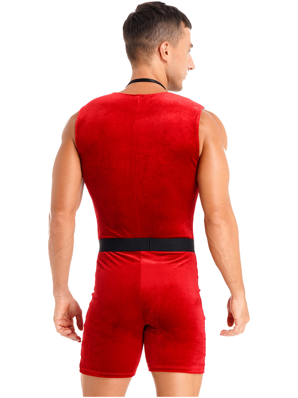 TiaoBug Men Christmas Santa Claus Cosplay Costume Boxers Leotard Bodysuit with Hat Xmas Party Outfits B Red XL