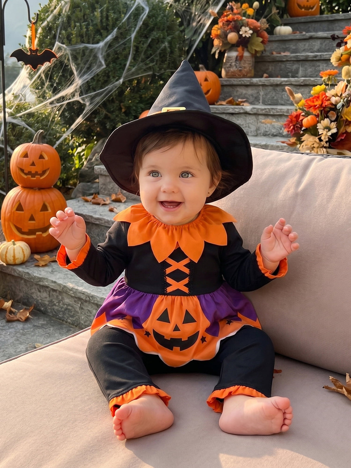 RUINIXCW Toddler Baby Girl Halloween Witches Costume Kids Pumpkin Costume Infant Girl Fall Cosplay Outfit Long Sleeve Collar Babydoll Shirt and Pants Hat Set