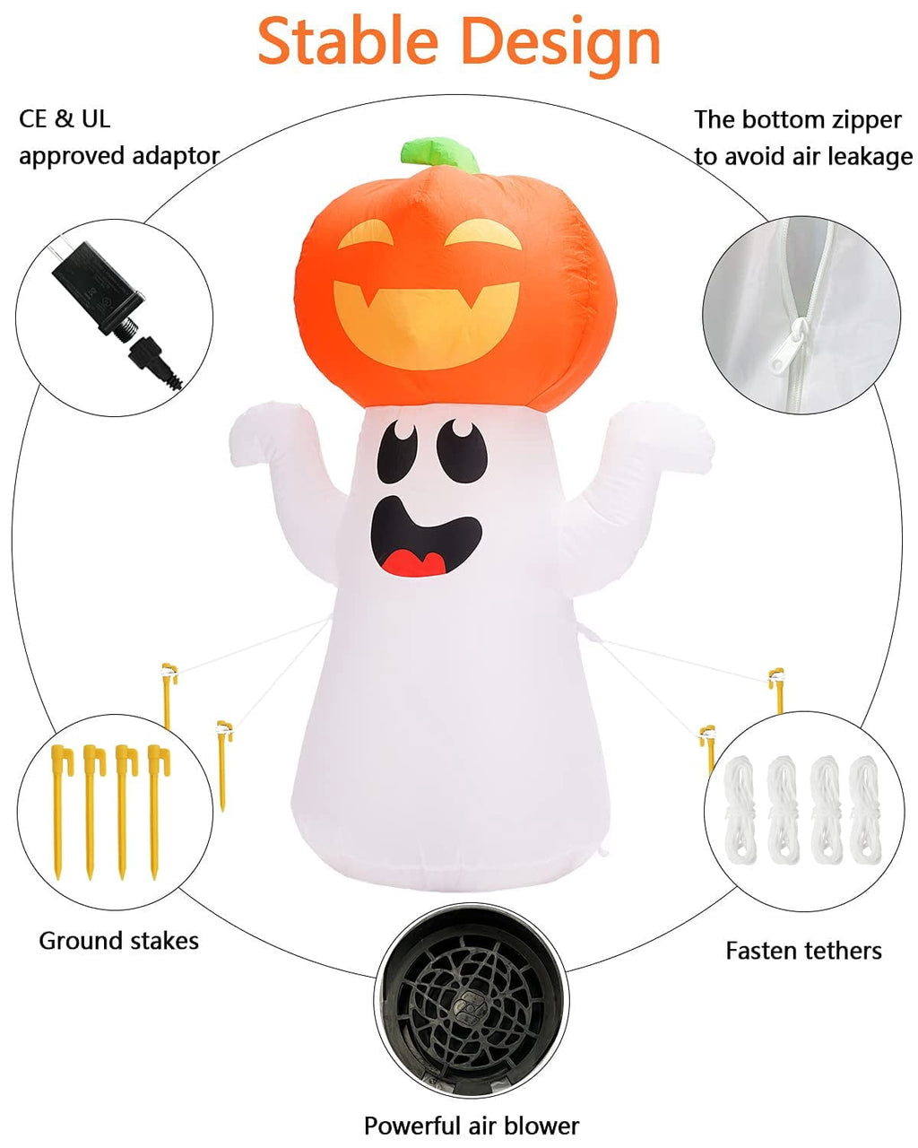 5FT Halloween Inflatable Pumpkin with 360° Rotating LED Lights, Outdoor/Indoor Decor