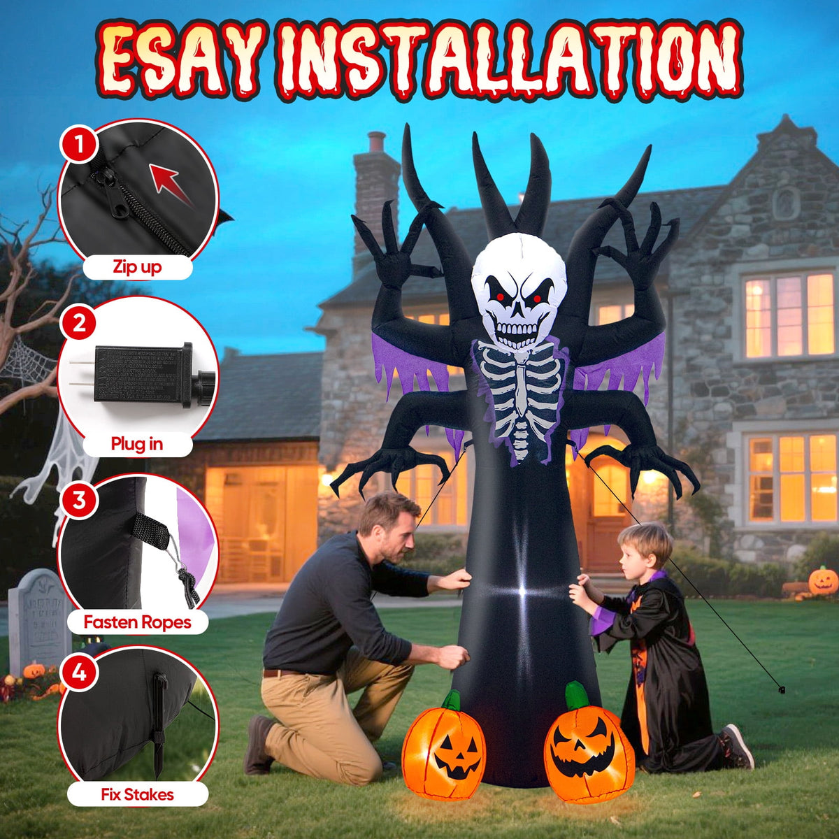 Wondiair 8 FT Halloween Inflatable Skeleton Tree with LED Lights and Glowing Pumpkins, Blow Up Outdoor Halloween Yard Decoration for Lawn, Front Yard and Haunted House