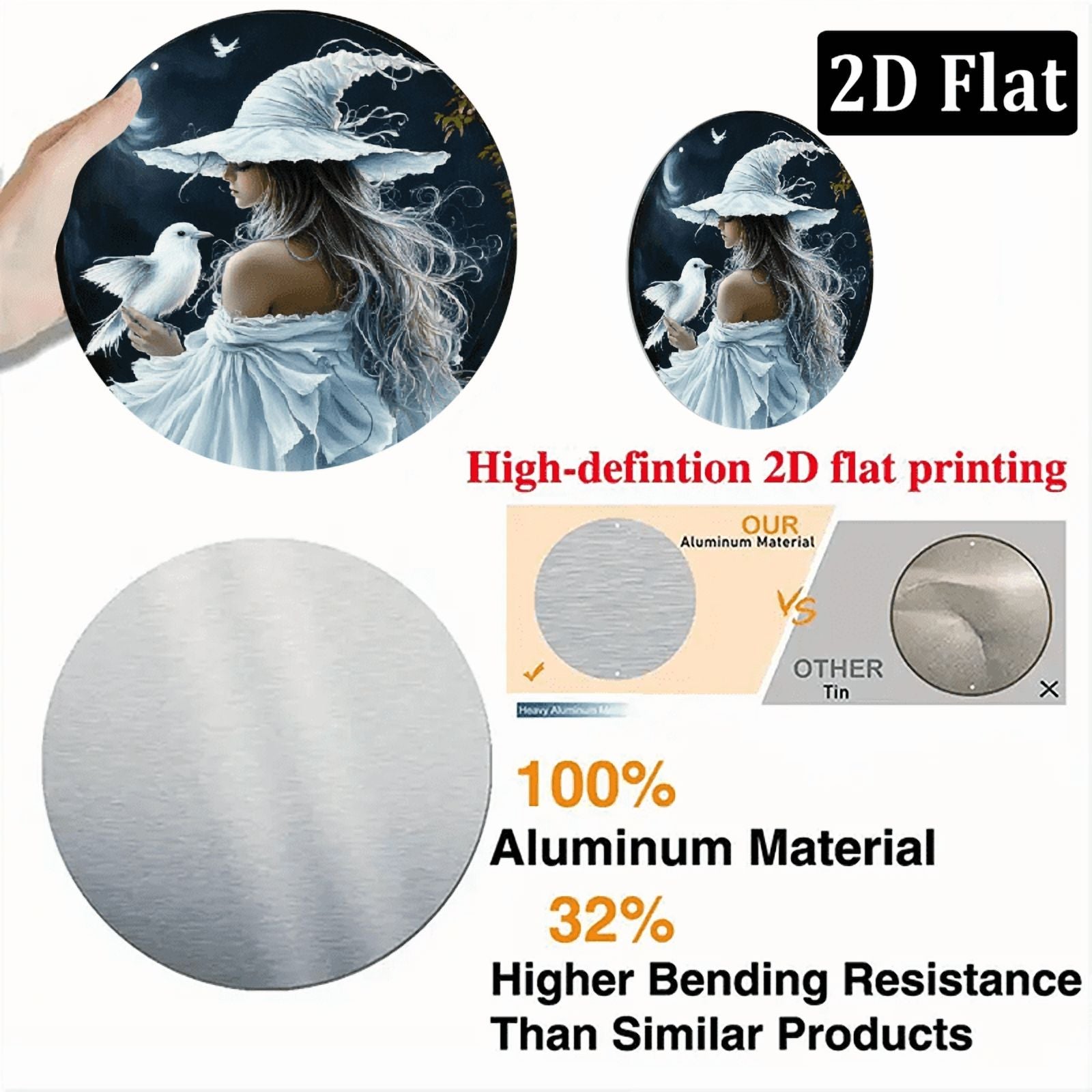 2D Enchanting White Witch &amp; Cat Round Sign - 8*8 Inch _ Durable, Fade-Resistant Wall Art for Home, Office, Cafe _ Mystical Forest &amp; Starry Sky Design _ Ideal Halloween &amp; Thanksgiving Gift