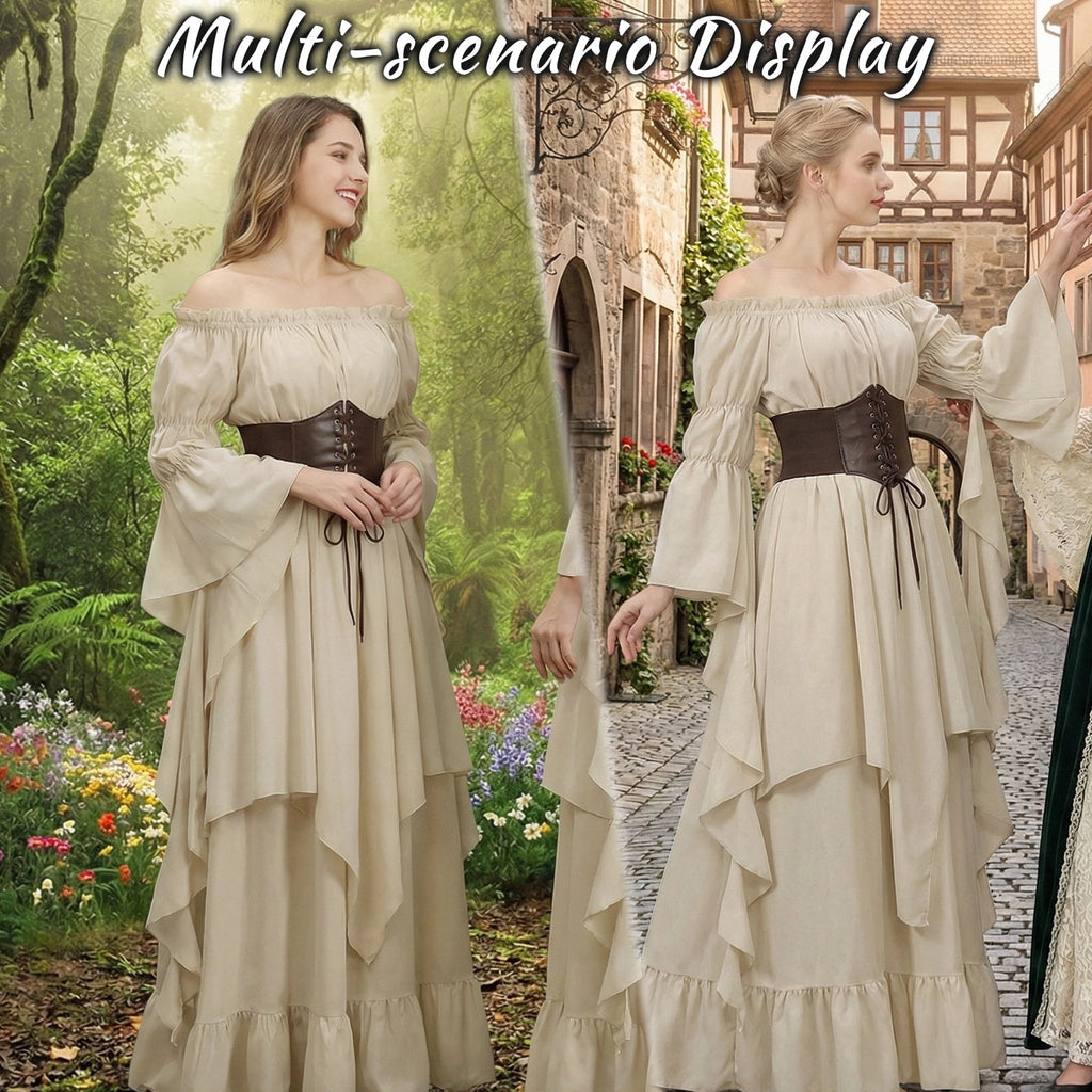 IROOZIGOTO Womens White Medieval Renaissance Maxi Dress Off Shoulder Long Flare Sleeve with Brown Lace Up Corset Belt Halloween Cosplay Costume