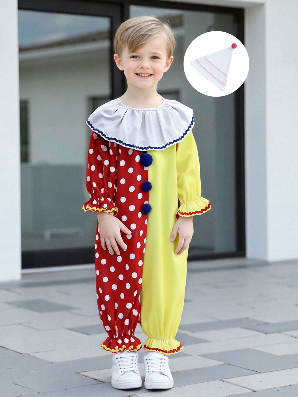 RUINIXCW Kids Toddler Baby Girl Boy Halloween Outfit Clown Costume Infant Baby Girl Boy Romper Birthday Photoshoot Outfit Contrast Color Long Sleeve Jumpsuit Hat