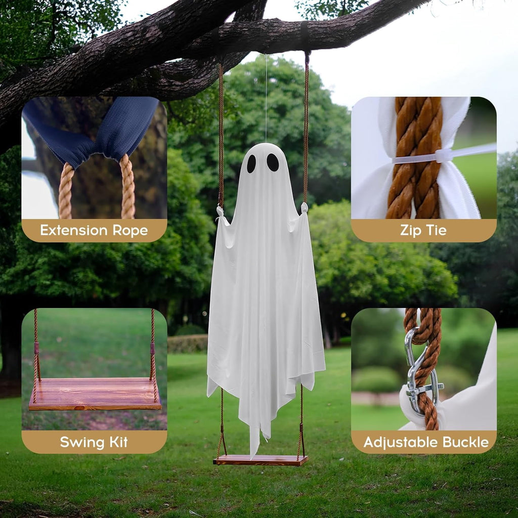 Halloween Decorations Outdoor - 5 FT Large Hanging Swing Ghost Halloween Decor with String Lights, Spooky Cute Ghosts Decorations for Front Porch Yard Tree