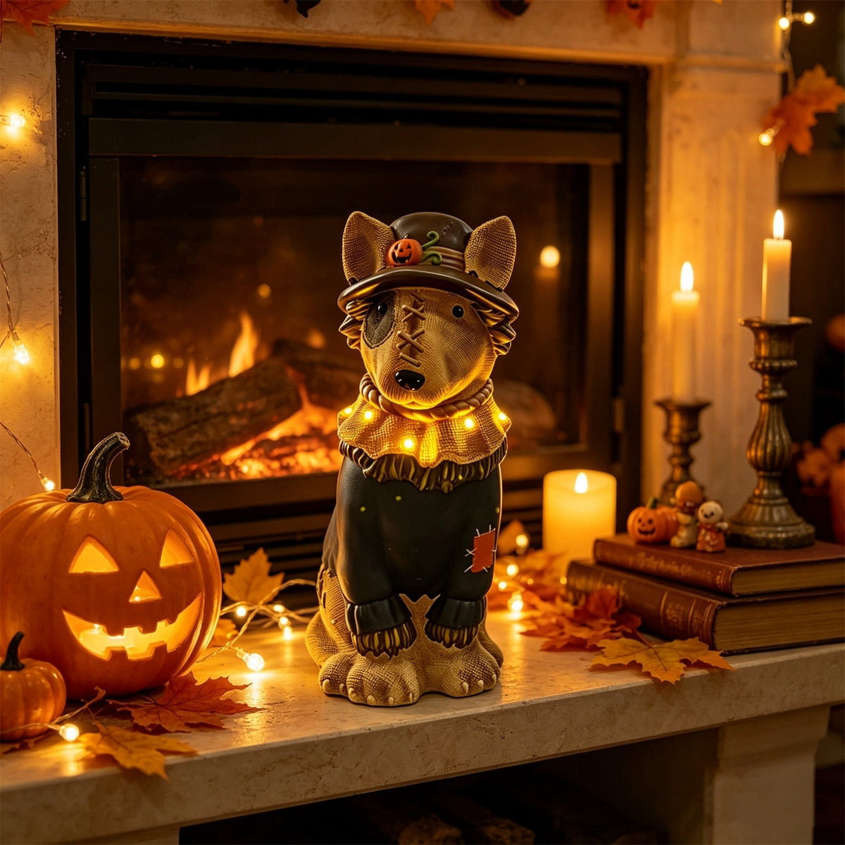 Halloween Dog Greeter - Frenchie 7.9in Resin Witch Dog with Light-Up Pumpkin, Spooky Fall Decor, Indoor Outdoor Tabletop Decoration