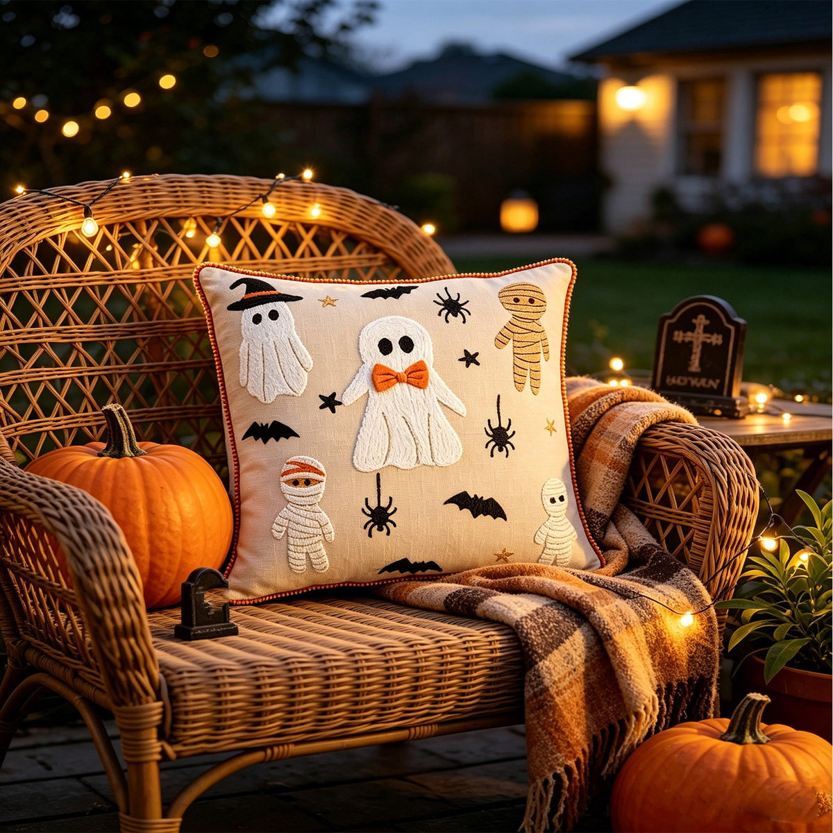 Yeciiwht Halloween Throw Pillow Cover – 18*18inch Embroidered Linen Cushion Case with Ghost, Mummy & Bat Designs, Invisible Zipper, Machine Washable