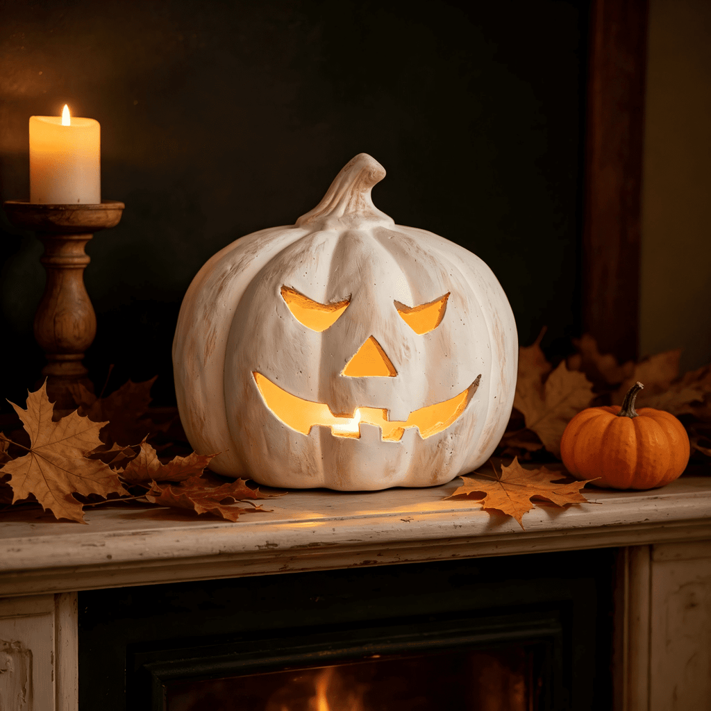 Fall Decorations for Home - Halloween Decor Indoor - 7.87" H White Handmade Resin Pumpkin Jack O' Lantern with Flameless Candle - Outdoor Decoration for Front Door Porch Mantel Kitchen Living Room