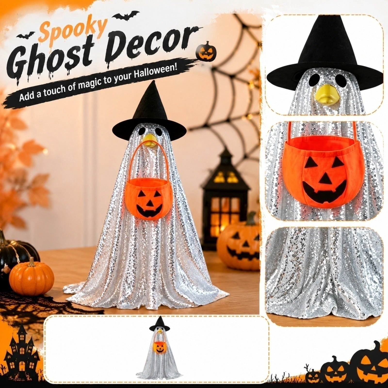 Bat Witch Hat Spiderweb Halloween Goose Clothes Fit 17/23In Cement Plastic Lawn Goose, Stylish Full Set for Outdoor Yard Patio Garden Seasonal Halloween Home Ornamental Arrangement