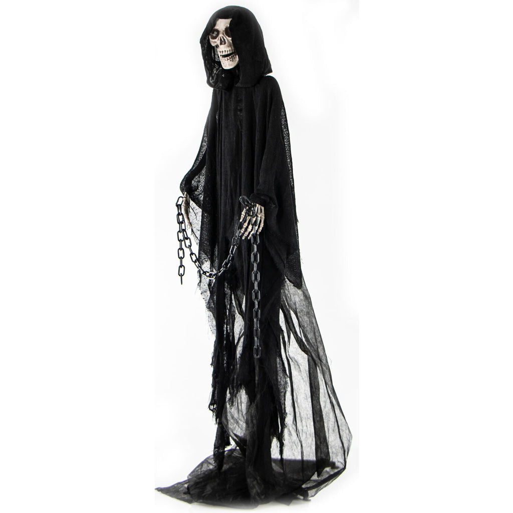 Haunted Hill Farm 5 ft Life-Size Animated Grim Reaper Prop w/ Chain and Rotating Head for Indoor or Outdoor Halloween Decoration, Battery-Operated