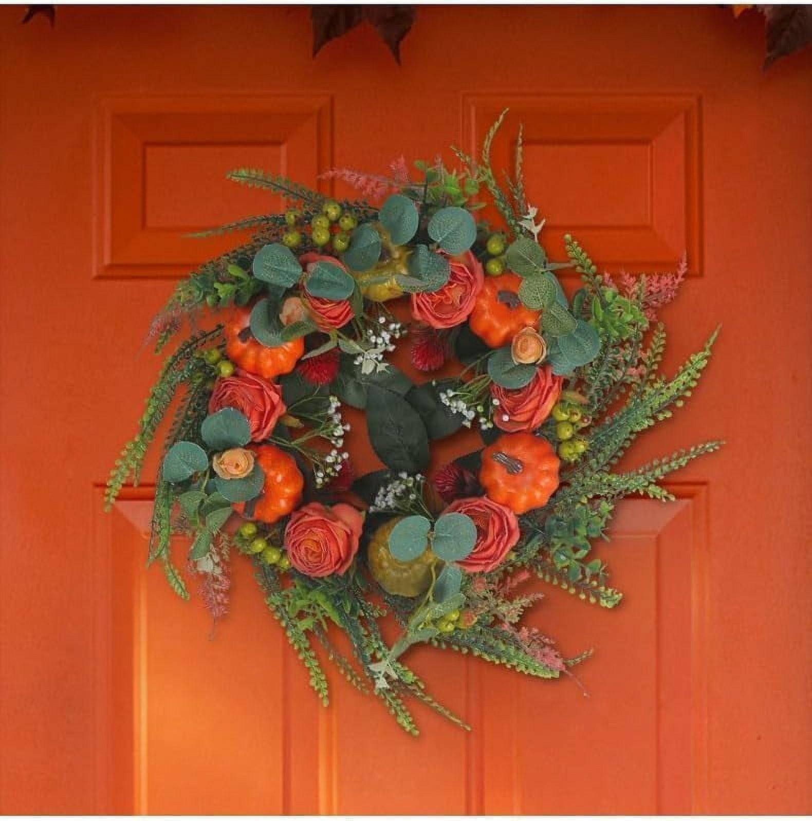 Artificial Fall Wreaths for Front Door Rustic Autumn Wreath with Pumpkin,Rose,Berry Branchesm,Mixed Leaves Thanksgiving Wreath Fall Door Wreath for Halloween Thanksgiving Indoor Outdoor Decor (B17.7)
