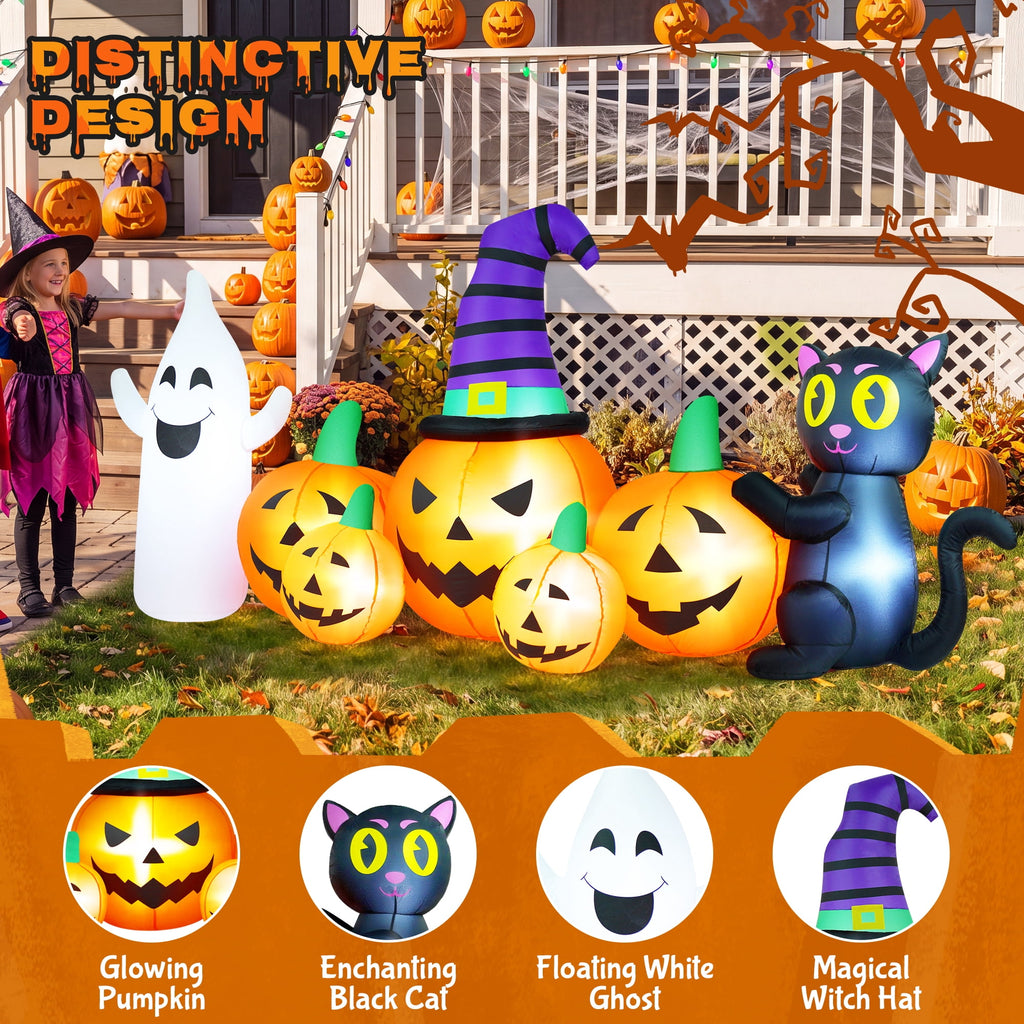 Yexmas 8 FT Long Halloween Inflatable Ghost with Witch Hat, 6 Pumpkins Halloween Blow Ups with Black Cat for Halloween Party Outdoor Yard Garden Lawn Decor