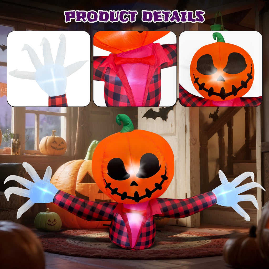 BeePrincess 5 FT Halloween Inflatable Pumpkin Ghost – Outdoor LED Blow-Up Decoration with Giant Arms, Light-Up Eyes, Waterproof Yard Decor for Lawn and Garden