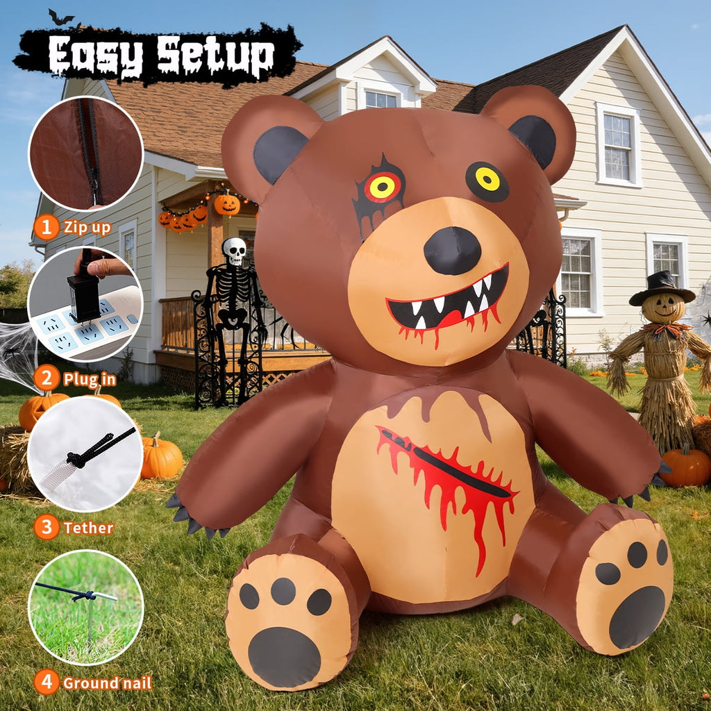 GOOSH Halloween Inflatables 5 FT Teddy Bear Inflatable with Build-in LEDs, Spooky Inflatable Halloween Bear Blow up Teddy Bear, Halloween Blow Up Decorations Clearance for Holiday Garden Lawn