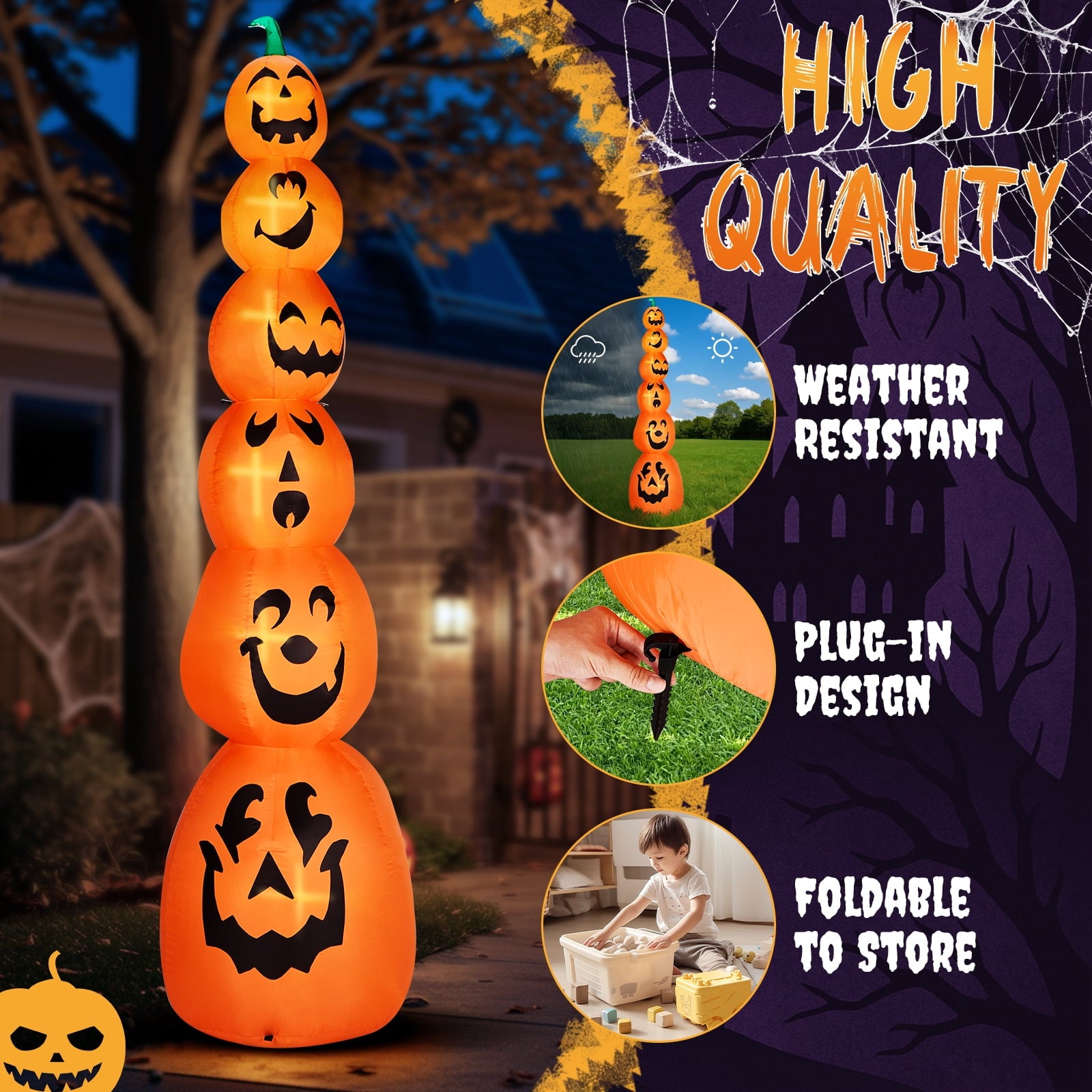 UBesGoo 9' Halloween Inflatable Stacked Pumpkins, Blow up 6 Pumpkins Built-in LED Lights Outdoor Decorations