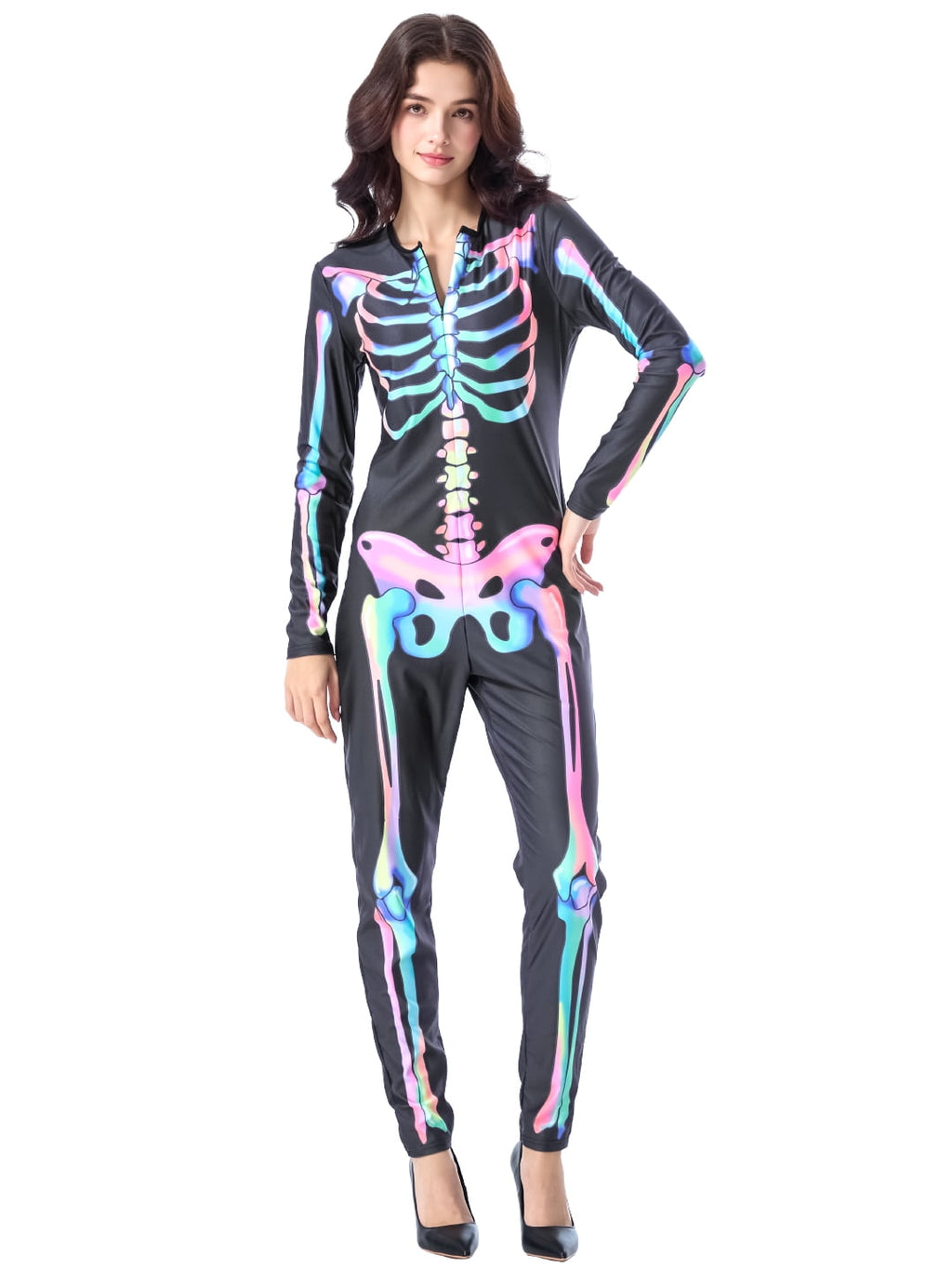 Seasons Women's Halloween Skeleton Costume, Double-Sided Colourful Pattern, Black Light Reactive