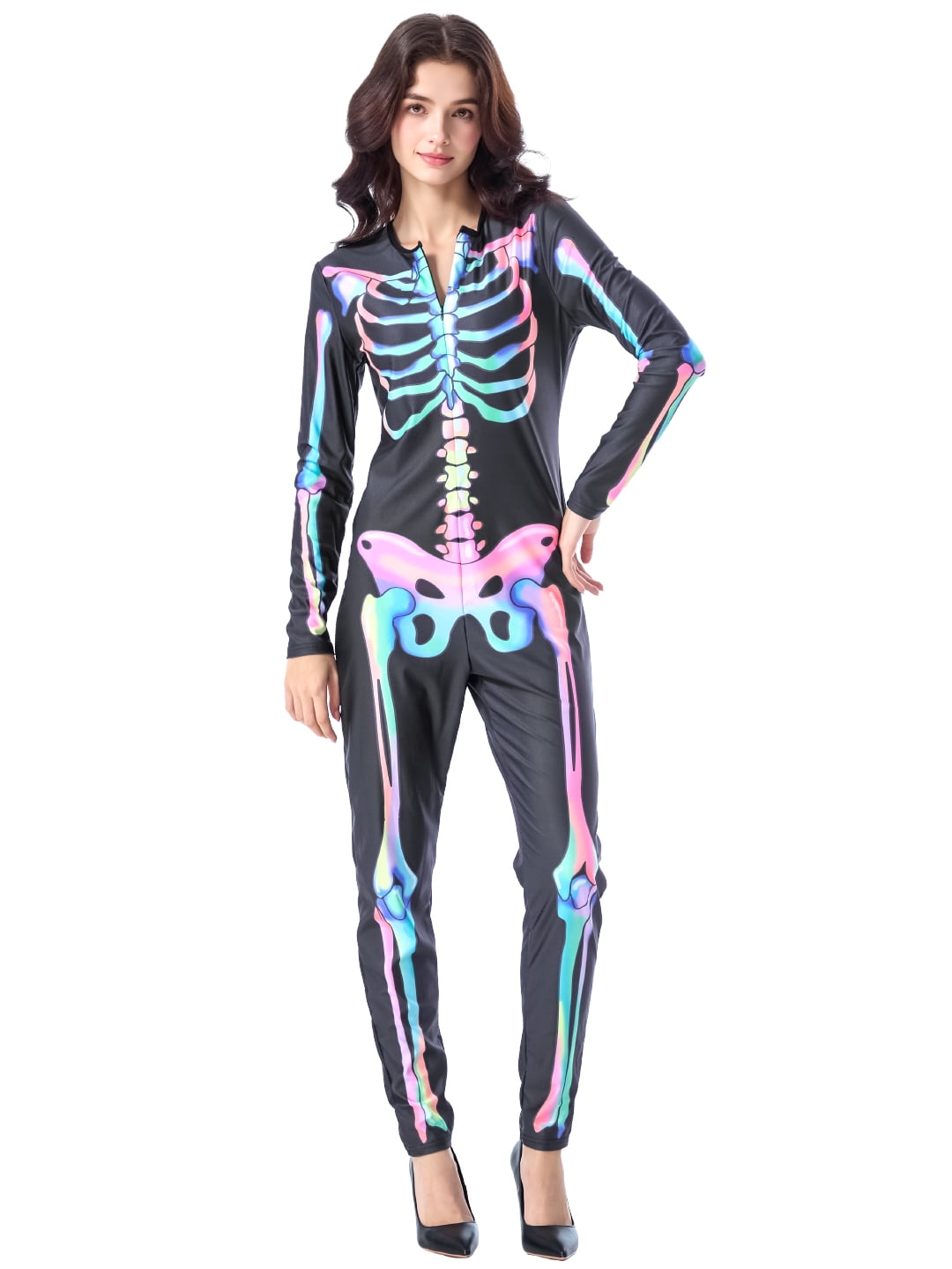 Seasons Women's Halloween Skeleton Costume, Double-Sided Colourful Pattern, Black Light Reactive