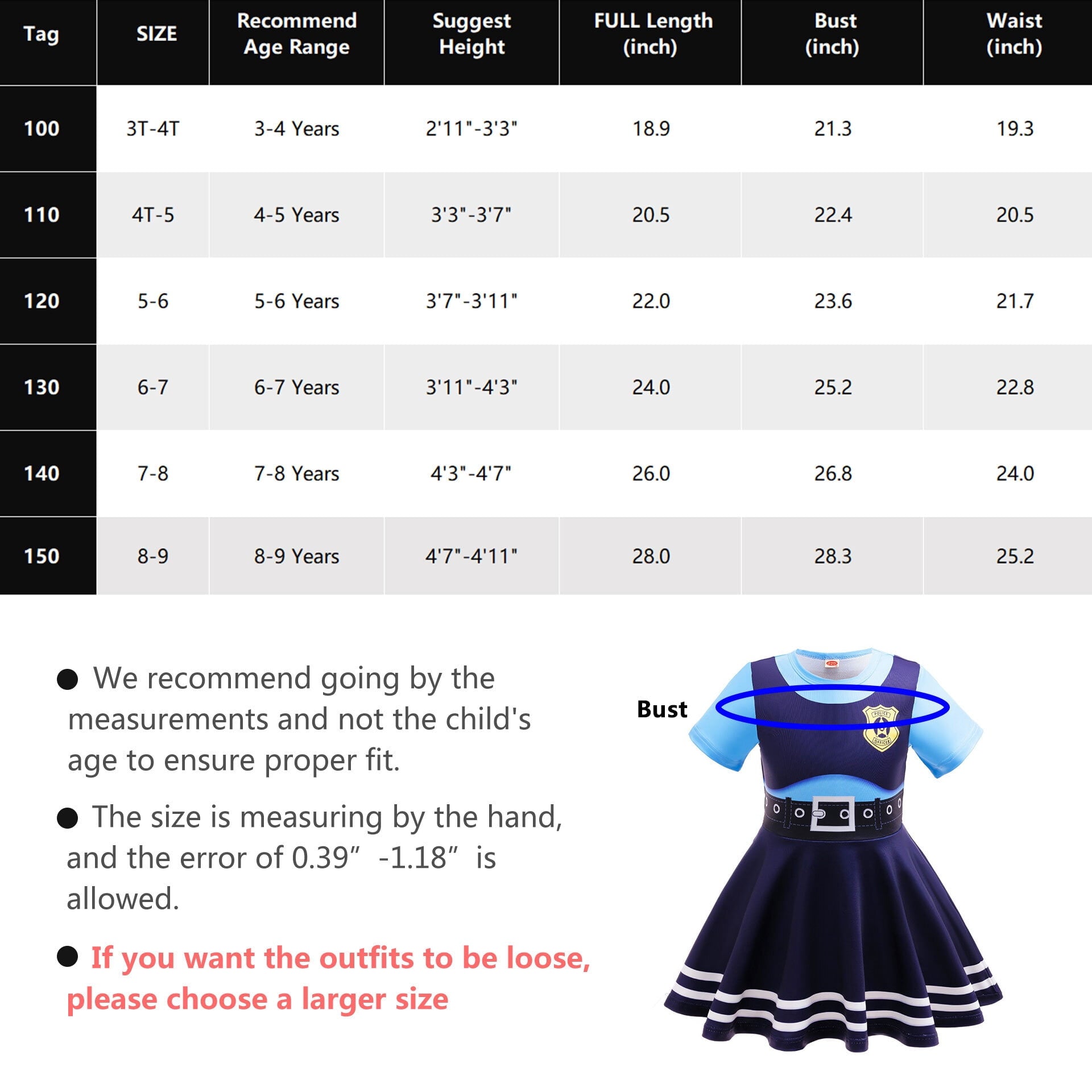 Bunny Officer Dress for 3-9 Years Halloween Short Sleeve A-Line Role Play Outfits with Headband Bow Tail Socks