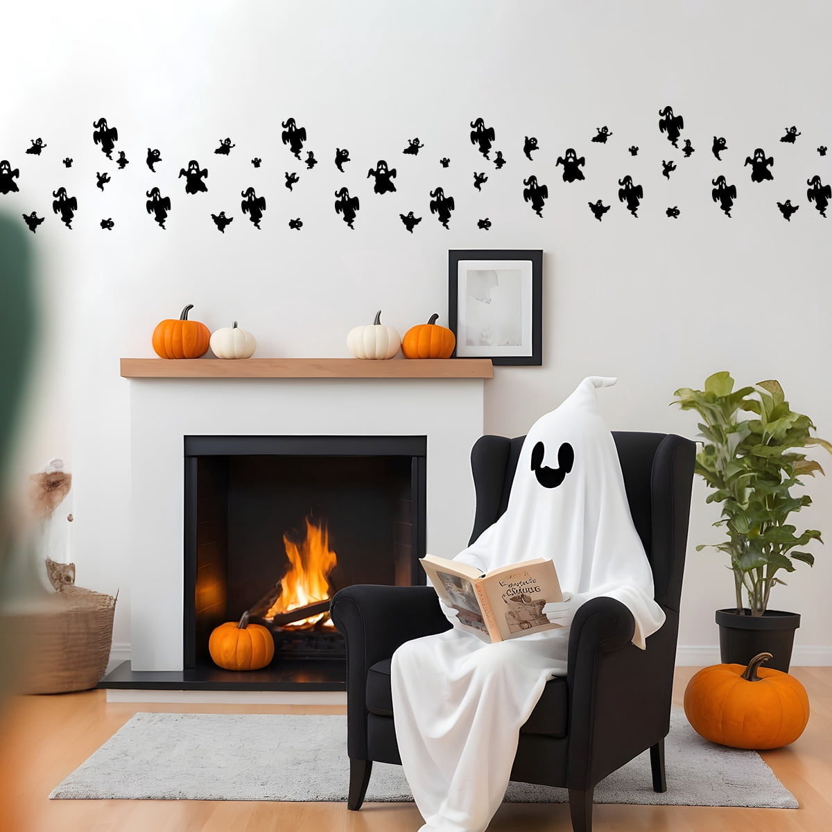 Vinyl Wall Decal - Halloween Ghost Pattern 16" x 30" - Halloween decoration, Seasonal Decor - Teens, Adults, Indoor, Outdoor, Wall, Door, Window, Living Room, Office