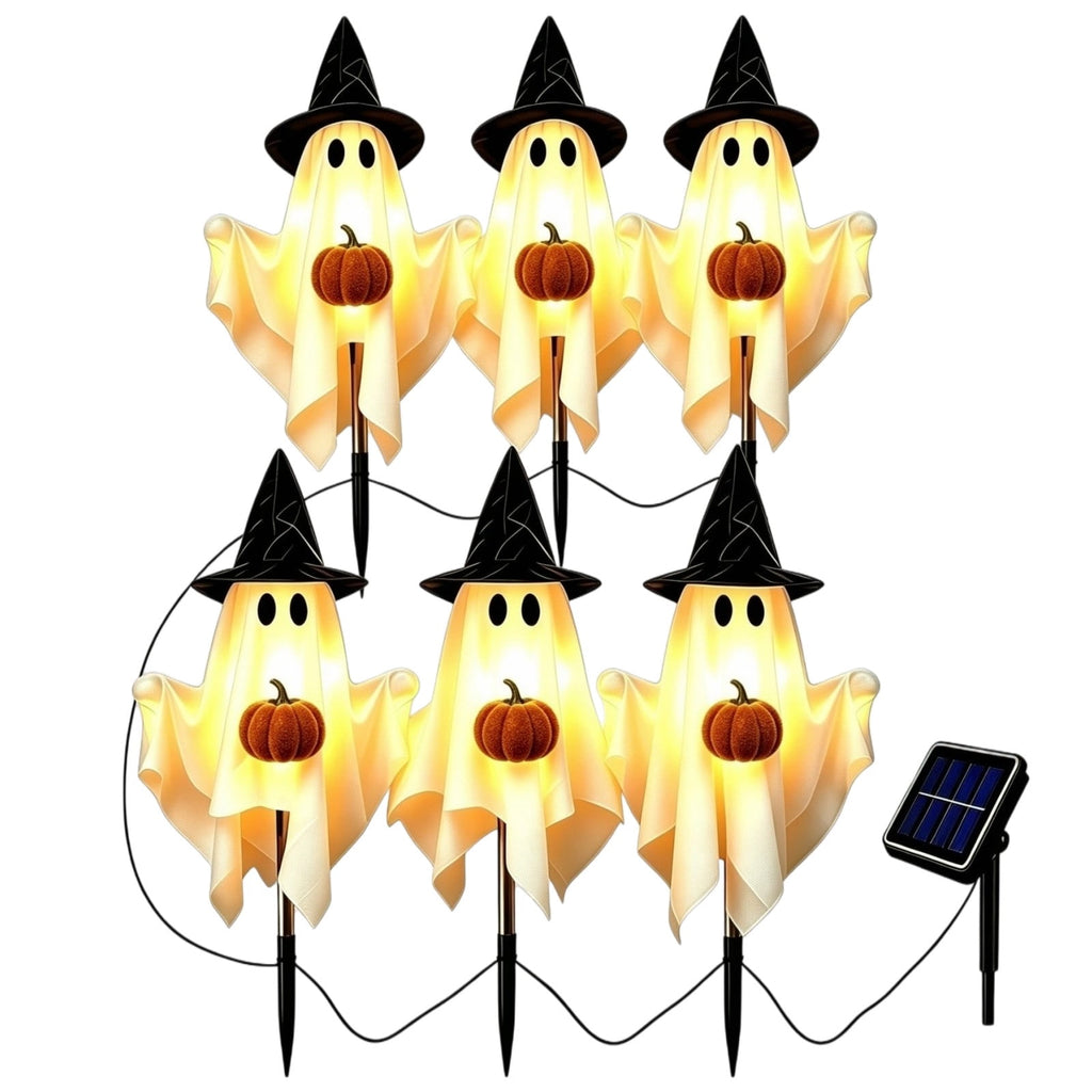 1-Pack Halloween Solar Lights with 8 Lighting Modes - Light Up Ghost Decorations for Outdoor, Witch Hat With Dimensional Pumpkin Halloween Ghost Path Lights